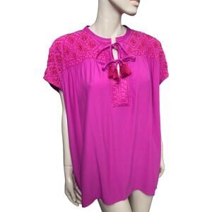 Johnny Was Calme Boho Double Tassel Top Embroidery  Blouse L Raspberry Color